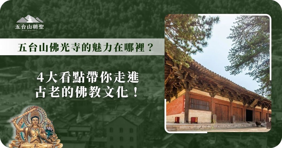 這張圖片展示的是中國佛教建築瑰寶之一——五台山佛光寺。寺廟隱藏於蒼鬱的松柏間，擁有千年歷史，建築風格古樸典雅，被譽為中國現存最古老的木結構建築之一。