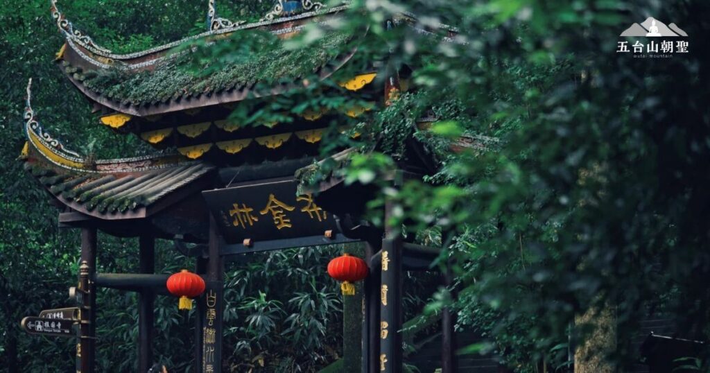 這張圖片展示的是位於峨眉山的伏虎寺。伏虎寺是中國四川省峨眉山的一座著名佛教寺廟，擁有悠久的歷史和宗教意義。寺廟的屋頂覆蓋著青苔，顯示出古老而神聖的氛圍。這座寺廟與周圍的森林和綠色景色融為一體，讓人感受到與自然和諧共生的美妙景象。伏虎寺的名稱與其文化背景密切相關，象徵著佛法的力量，能夠「伏虎」驅除一切惡邪。