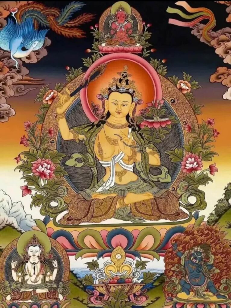 這幅精美的佛畫展現了文殊菩薩,手持智慧劍,象徵斬除無明與煩惱,菩薩坐於蓮花座上,與周圍的蓮花和色彩鮮豔的圖案共同描繪出其慈悲與智慧的完美結合。背景中的雲彩和其他佛像象徵著佛法無邊,智慧照亮世界。