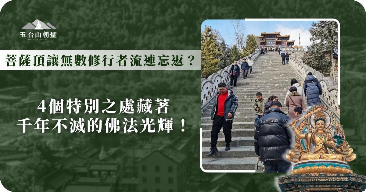 這張圖片展示了五台山著名的菩薩頂（Bodhisattva Peak），這座寺廟位於五台山核心區，是藏傳佛教與漢傳佛教共存的重要道場。圖中可見朝聖者沿著石階拾級而上，通往莊嚴的佛殿，展現出虔誠與信仰的力量。這裡自古以來便是修行者與信徒匯聚之地，千年來佛法光輝不滅，吸引著無數人前來朝禮與修行。