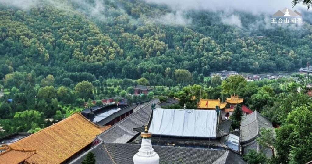 這張圖片展示了五台山壯麗的山景，山脈的綠意盎然與周圍的雲霧交織，顯示出五台山的靜謐與神聖。屋頂上覆蓋的帆布和遠處的山景突顯出五台山作為朝聖聖地的獨特魅力，帶來一種寧靜的氛圍。這張圖片非常適合用來呈現五台山的自然美景與深厚的文化底蘊，吸引人們對朝聖之旅的關注。