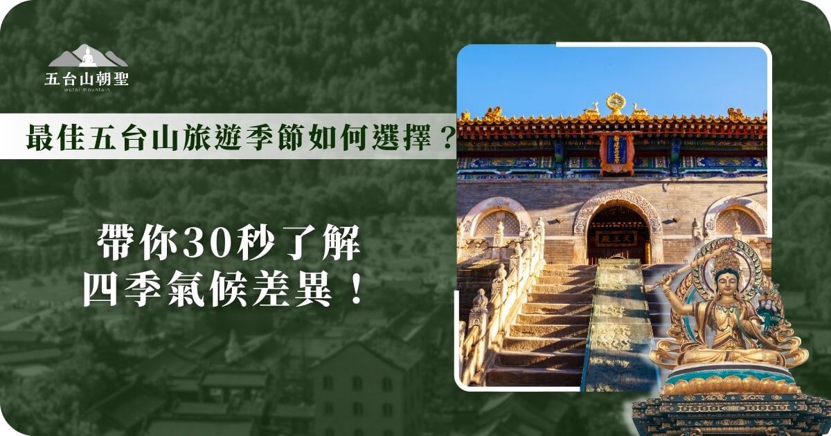 這張圖片展示了五台山（Wutai Mountain）的著名佛教寺廟建築，階梯通往古色古香的大殿，屋簷雕飾精美，散發出莊嚴而神聖的氛圍。右下角的文殊菩薩雕像象徵五台山作為文殊道場的特殊地位，吸引信眾前來朝聖。圖片文字標示四季氣候差異，幫助旅人快速了解不同季節的五台山特色，以便選擇最合適的旅遊時間。背景色調帶有沉穩的宗教氛圍，與五台山的文化內涵相呼應。