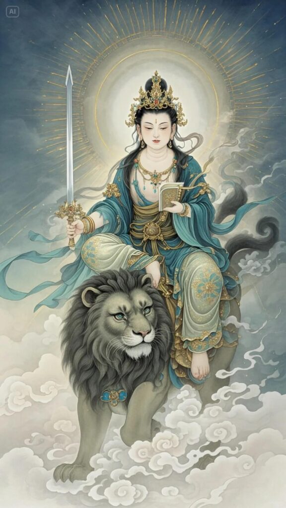 這幅圖片展示了文殊菩薩（Manjushri Bodhisattva）騎著雄獅的繪畫，象徵著智慧的力量與慈悲的顯現。文殊菩薩手持智慧劍，為眾生斬斷無明，並以經典手勢引導信徒獲得啟發。文殊菩薩是五台山的主尊，與智慧及覺醒緊密相連。這張圖片適合作為宣傳五台山朝聖的視覺材料，並傳遞出朝聖者在此獲得智慧與心靈啟發的深遠意義。