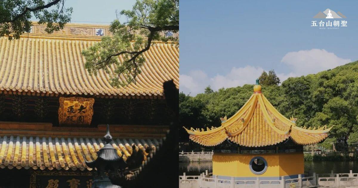 這張圖片展示了中國普濟寺的壯觀景象。圖片的左側是寺廟的屋頂，金黃色的瓦片和古老的建築風格十分引人注目，右側則是一座具有典型江南建築風格的小亭，周圍環繞著水池，展現出普濟寺的寧靜與和諧。這座寺廟是該地區重要的佛教聖地之一，也是許多人朝聖和靜修的場所