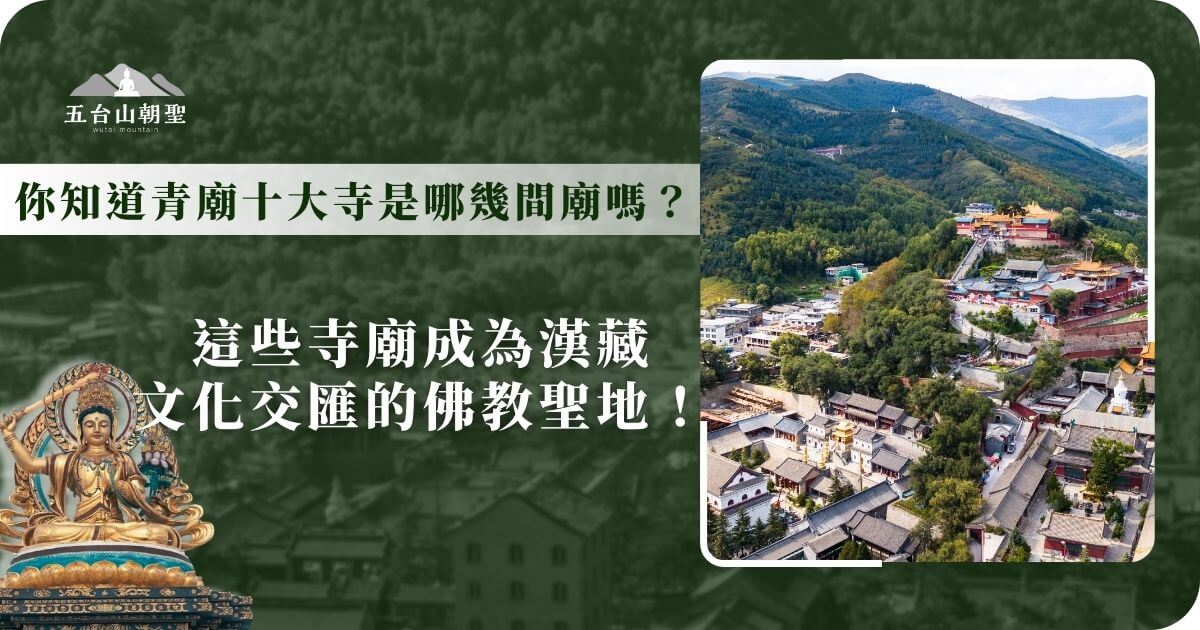 這張圖片展現了青廟十大寺的壯麗景觀，群山環繞，古剎錯落有致，寺廟群依山勢分佈，成為漢藏文化交匯的重要佛教聖地。畫面右側可見紅色屋頂的喇嘛寺，代表著藏傳佛教的影響，而下方的漢式建築則展現了漢傳佛教的風格，兩者共存，體現了中國佛教文化的多元性。這些寺廟不僅是修行者的聖地，也吸引著無數信徒與遊客前來朝聖。