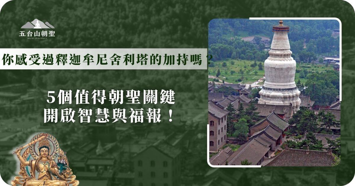 這張圖片呈現了五台山的釋迦牟尼舍利塔，塔身高聳入雲，象徵著佛教的智慧與神聖。這座塔位於五台山的重要景點之一，是佛教信徒來此朝聖的必經之地。圖片中可以看到周圍的寧靜自然環境和塔樓的壯麗，代表著靈性與內心的平靜。