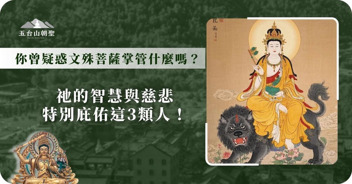 這張圖片展示了文殊菩薩的畫像，他坐在威風凜凜的獅子上，手中持著智慧劍和蓮花。文殊菩薩代表著智慧和慈悲，畫中的神聖形象強調了他在佛教中的重要地位，尤其是他對三種人群的特別庇佑。背景中是佛教的雲霧和花卉，彰顯著祥和與神聖的氛圍，這也象徵著文殊菩薩的教義和保護。