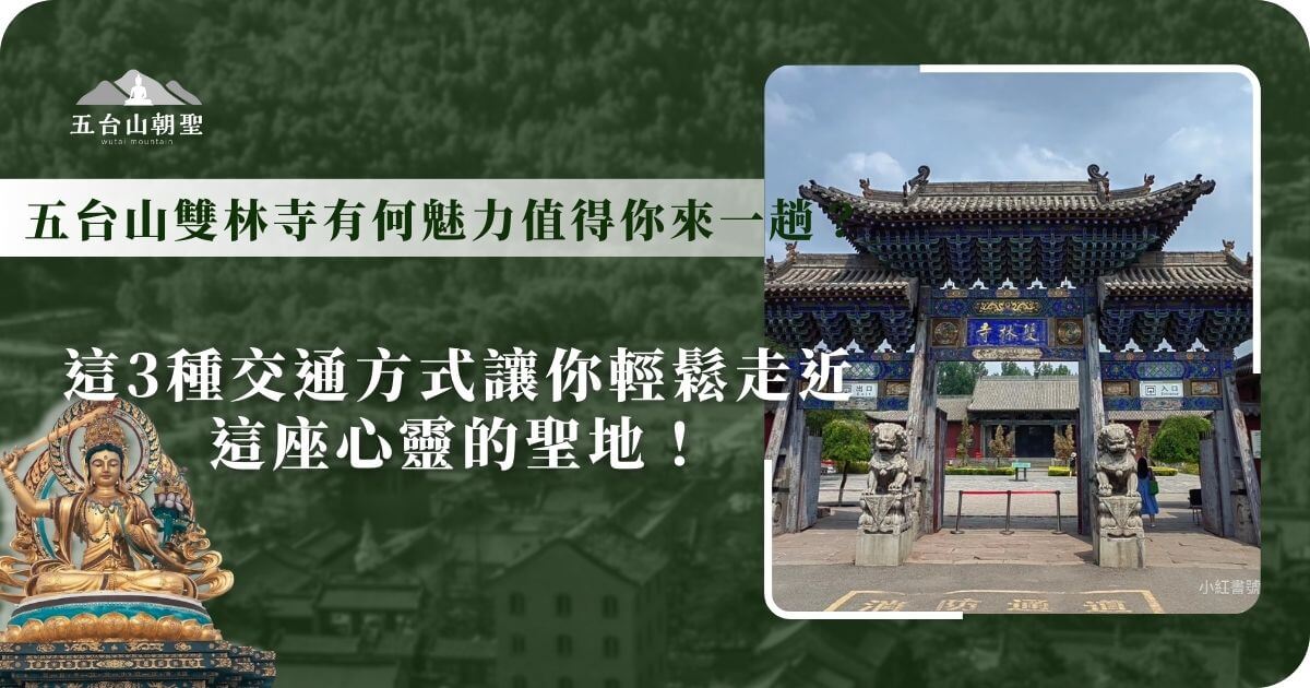 五台山雙林寺的大門，以精緻的藍色牌樓與古樸的木製結構為特色，門口立有兩尊石獅，象徵守護寺院的莊嚴神聖。寺內擁有豐富的佛教文化與精美壁畫，吸引來自世界各地的信徒與旅人前來朝聖。在這裡，人們能夠感受寧靜的氛圍，沉浸於千年佛法的智慧之中，讓心靈獲得洗滌與啟發。