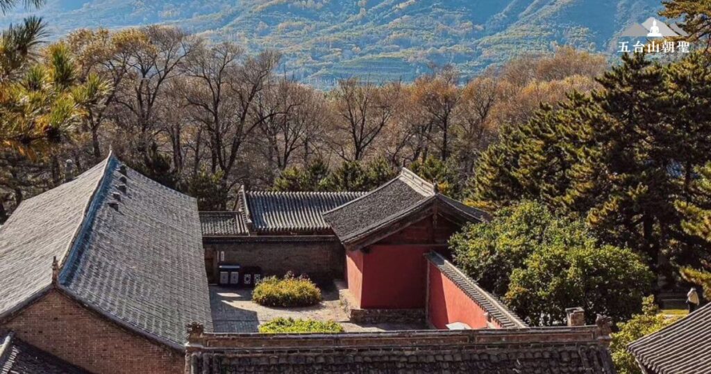 這張圖片展現了五台山佛光寺的庭院景觀，紅色牆壁與灰瓦建築相映成趣，庭院內的綠意與遠方層疊的山巒形成和諧的對比。樹葉染上秋色，使整個畫面充滿寧靜與禪意。五台山是中國著名的佛教聖地，這樣的景色令人心生敬畏與平靜，適合修行與朝聖之旅。
